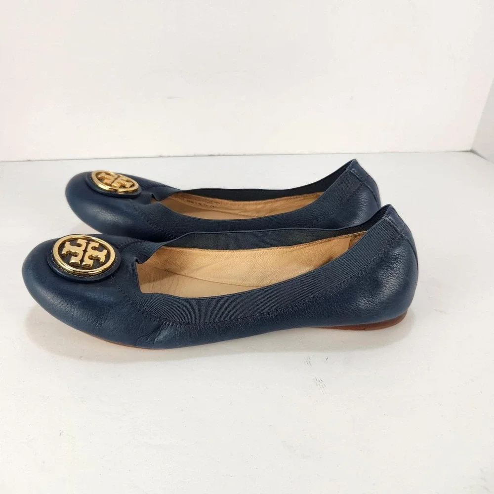 Tory Burch Reva Ballet Flats Women's 6 M Navy Blue Leather Gold Logo Shoes